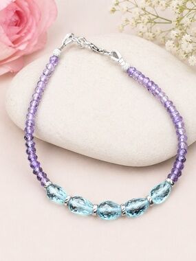 New Handmade One of A Kind Amethyst | Sky Blue Topaz Bracelet 14k White Gold